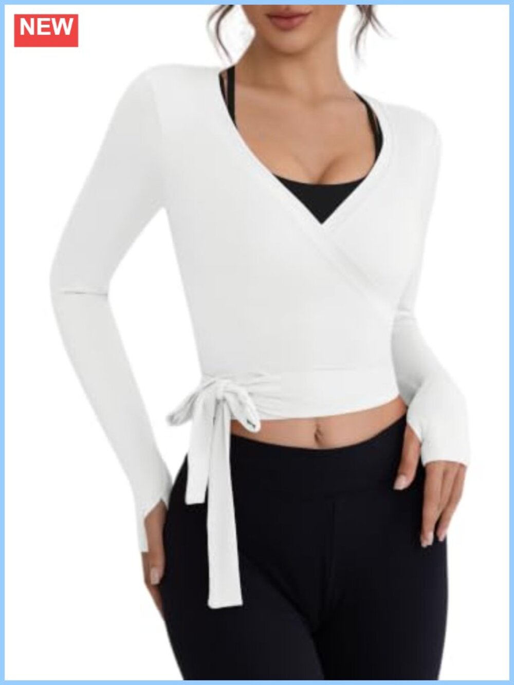 Women's Long Sleeve Wrap Tie Workout Top with Thumb Holes for Yoga Gym
